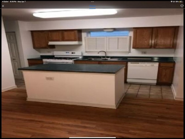 6419 S Kenwood Ave, Chicago, IL 60637 - kitchen with dishwasher, stove, dark countertops, under cabinet range hood, and a center island