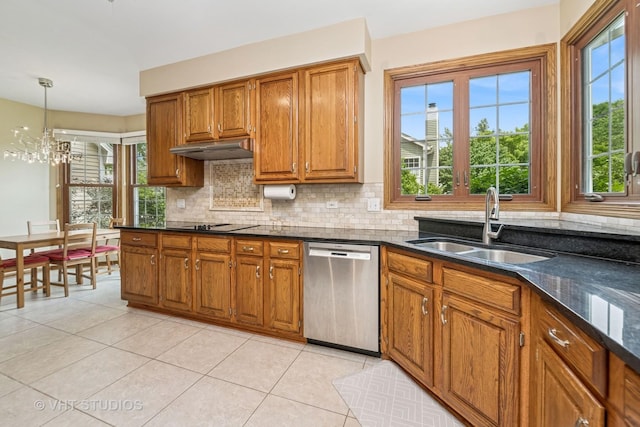 1266 Thorndale Ln, Lake Zurich, IL 60047 - kitchen with dishwasher, brown cabinetry, tasteful backsplash, a chandelier, and light tile patterned flooring