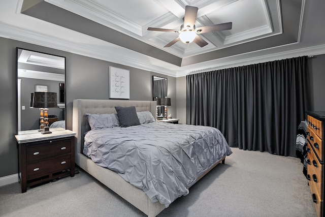 24450 Shawnee Ln, Manhattan, IL 60442 - bedroom featuring coffered ceiling, light colored carpet, ornamental molding, a ceiling fan, and beamed ceiling