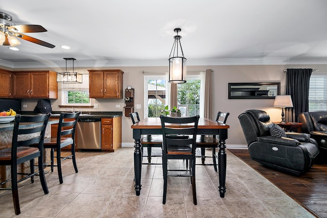 24450 Shawnee Ln, Manhattan, IL 60442 - dining area featuring ceiling fan, ornamental molding, light tile patterned floors, and recessed lighting