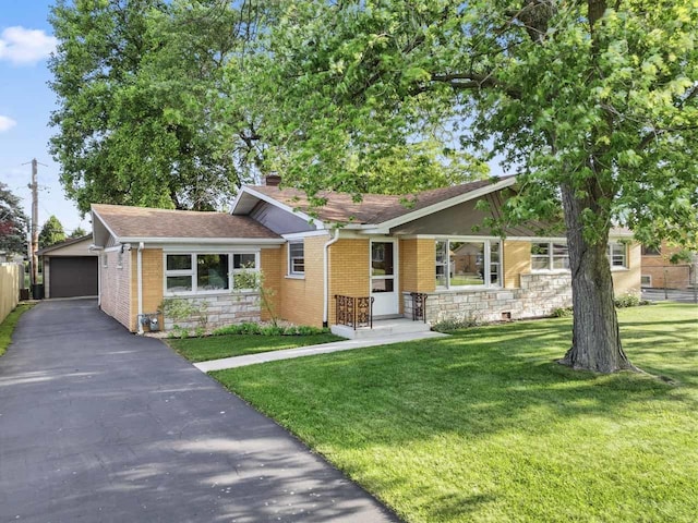 6411 W 88th St, Oak Lawn, IL 60453 - view of front of property featuring stone siding, a front lawn, a chimney, brick siding, and a detached garage