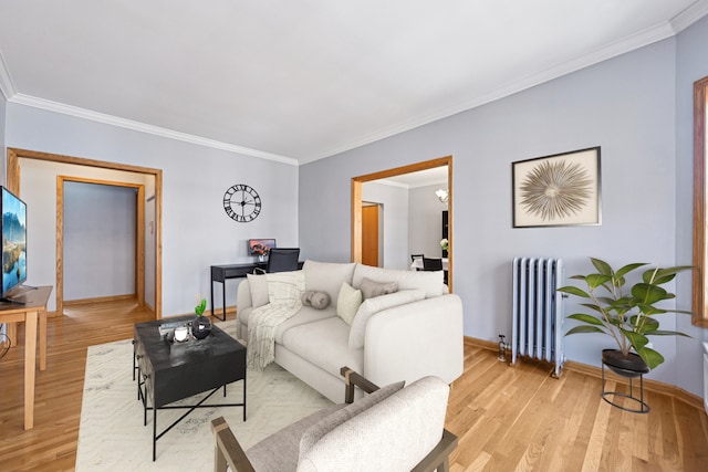 245 W Washington Blvd Unit 2B, Oak Park, IL 60302 - living area with radiator, light wood-type flooring, ornamental molding, and a chandelier