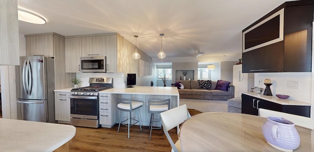 1671 N Belmont Ct, Arlington Heights, IL 60004 - kitchen with stainless steel appliances, light countertops, modern cabinets, wood finished floors, and a peninsula