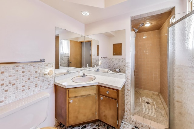 5215 S Meade Ave, Chicago, IL 60638 - bathroom featuring tile walls, a stall shower, and vanity