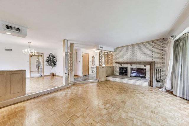 5215 S Meade Ave, Chicago, IL 60638 - unfurnished living room with a chandelier and a brick fireplace