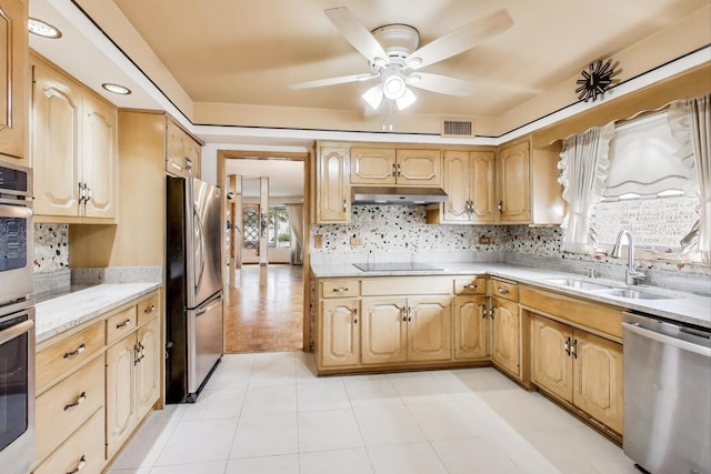 5215 S Meade Ave, Chicago, IL 60638 - kitchen featuring stainless steel appliances, under cabinet range hood, a ceiling fan, and decorative backsplash