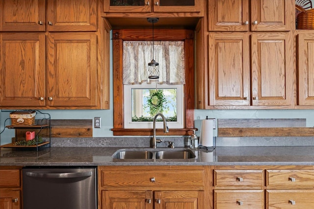 887 N 1100e Rd, Melvin, IL 60952 - kitchen featuring stainless steel dishwasher, brown cabinetry, and hanging light fixtures