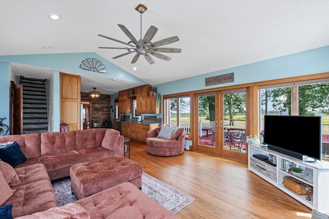 887 N 1100e Rd, Melvin, IL 60952 - living area with lofted ceiling, a ceiling fan, light wood-style flooring, and french doors