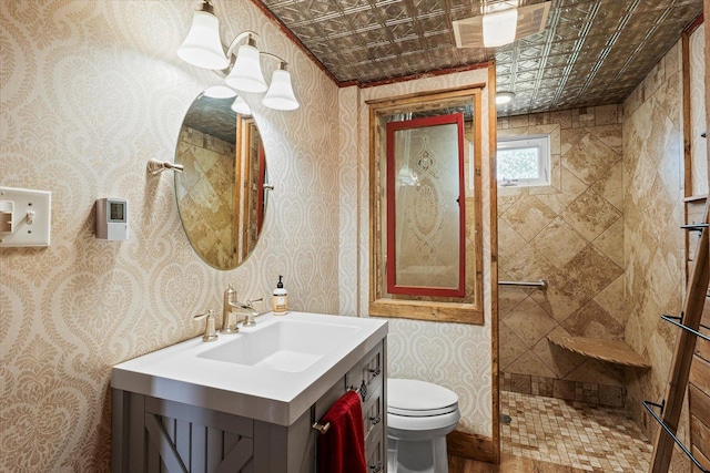887 N 1100e Rd, Melvin, IL 60952 - bathroom with vanity, tiled shower, an ornate ceiling, and wallpapered walls