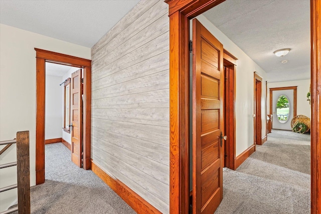 887 N 1100e Rd, Melvin, IL 60952 - hallway featuring carpet flooring, a textured ceiling, and wooden walls