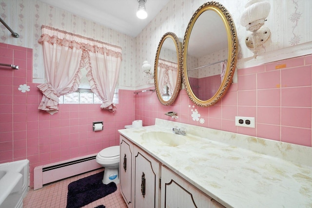 5504 Oakdale Dr, Oak Lawn, IL 60453 - full bath featuring baseboard heating, wallpapered walls, vanity, tile patterned floors, and tile walls