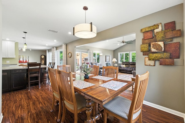 2S624 Gray Ave, Lombard, IL 60148 - dining room featuring dark wood-type flooring, vaulted ceiling, ceiling fan, and recessed lighting