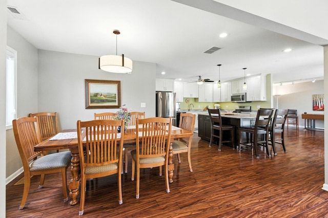 2S624 Gray Ave, Lombard, IL 60148 - dining area featuring dark wood-style flooring, ceiling fan, recessed lighting, and rail lighting