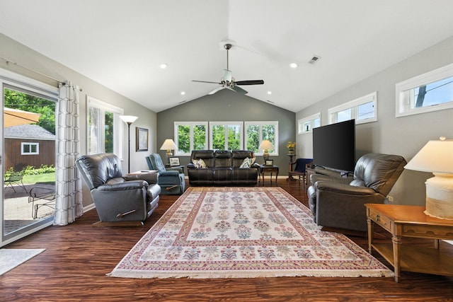 2S624 Gray Ave, Lombard, IL 60148 - living room featuring dark wood-style flooring, a ceiling fan, high vaulted ceiling, and recessed lighting