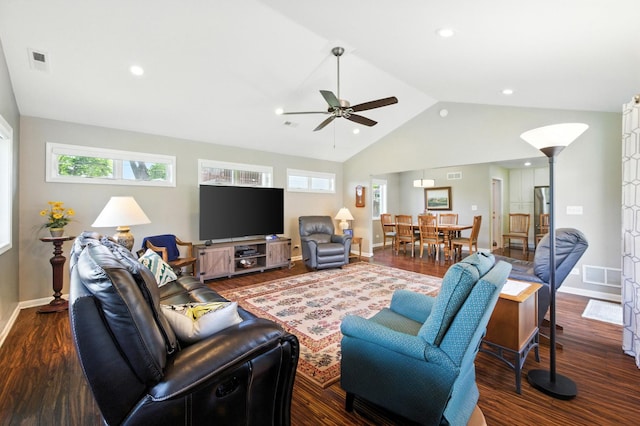 2S624 Gray Ave, Lombard, IL 60148 - living room featuring lofted ceiling, ceiling fan, dark wood-style floors, and recessed lighting