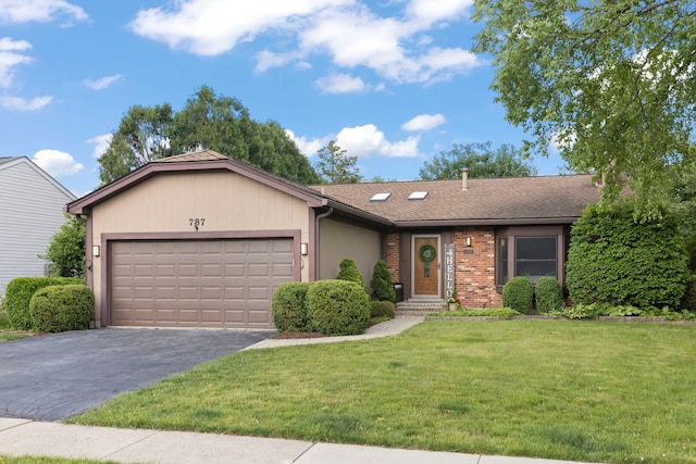 787 Bluejay Cir, Elk Grove Village, IL 60007 - ranch-style home with a garage, a front yard, asphalt driveway, roof with shingles, and brick siding