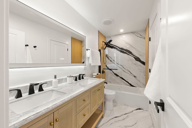 787 Bluejay Cir, Elk Grove Village, IL 60007 - full bath featuring double vanity, bathtub / shower combination, marble finish floors, and recessed lighting