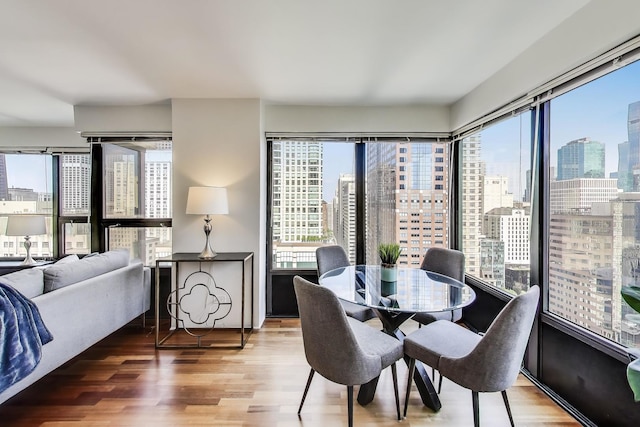 30 E Huron St Unit 2602, Chicago, IL 60611 - dining area featuring a view of skyline and wood finished floors