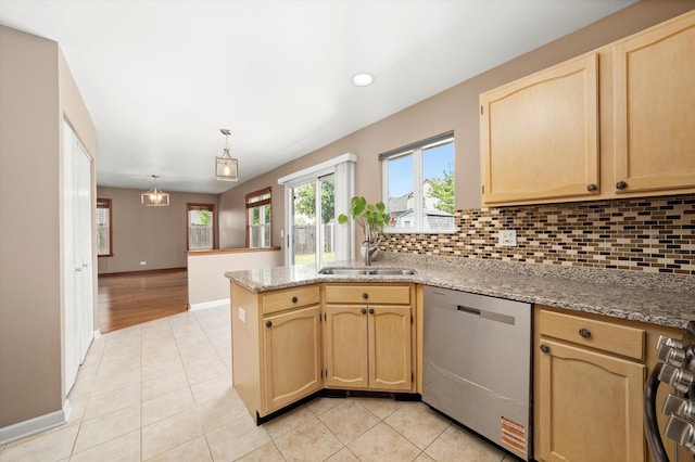 1097 Dovercliff Way, Crystal Lake, IL 60014 - kitchen with stainless steel appliances, backsplash, light brown cabinetry, light tile patterned floors, and recessed lighting