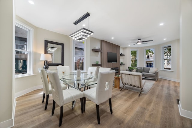 4143 N Drake Ave, Chicago, IL 60618 - dining room featuring light wood-style flooring, recessed lighting, and a ceiling fan