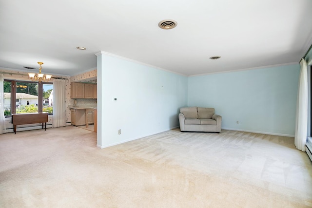 731 Bishop Ct, Bradley, IL 60915 - unfurnished room featuring crown molding, a chandelier, baseboard heating, and light colored carpet