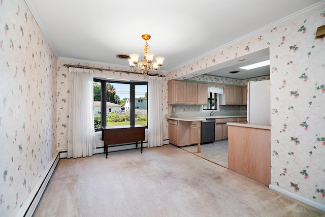 731 Bishop Ct, Bradley, IL 60915 - kitchen featuring wallpapered walls, a baseboard radiator, a chandelier, light countertops, and dishwasher