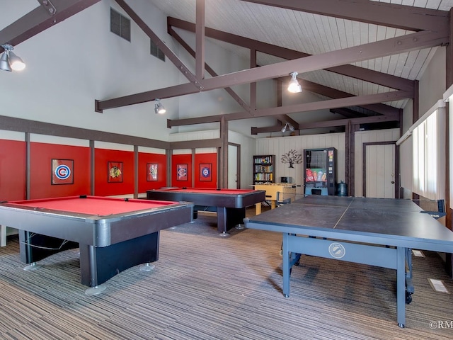 780 Chisholm Trl, Roselle, IL 60172 - recreation room featuring billiards table, high vaulted ceiling, carpet floors, and beam ceiling