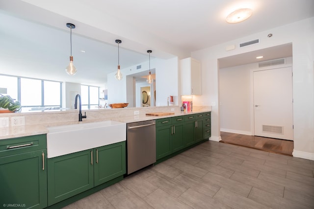 600 N Lake Shore Dr Unit 1905, Chicago, IL 60611 - kitchen featuring green cabinets, stainless steel dishwasher, and decorative light fixtures