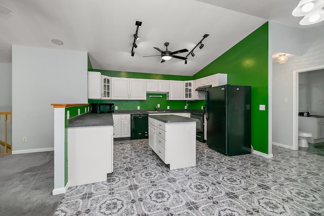 1642 Waterberry Ct, Bourbonnais, IL 60914 - kitchen featuring black appliances, ceiling fan, dark countertops, track lighting, and a kitchen island