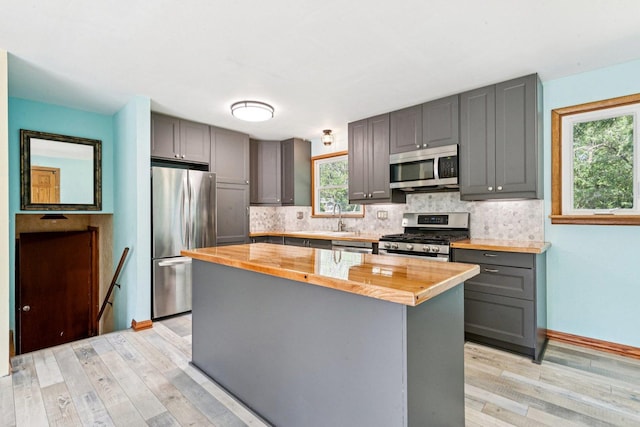 1020 Cassie Dr, Joliet, IL 60435 - kitchen featuring appliances with stainless steel finishes, butcher block countertops, gray cabinets, and light wood finished floors