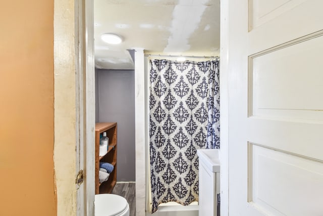 222 W S St, Dwight, IL 60420 - full bathroom featuring a shower with shower curtain and wood finished floors