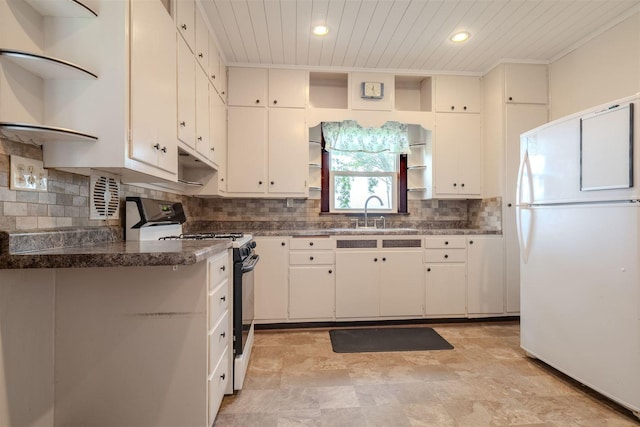 15313 Furrow Rd, Pekin, IL 61554 - kitchen featuring open shelves, freestanding refrigerator, gas stove, wood ceiling, and white cabinets