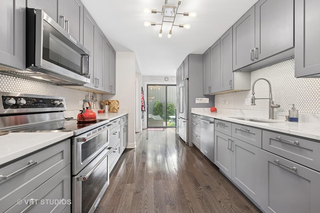 436 Shoreline Rd, Lake Barrington, IL 60010 - kitchen featuring stainless steel appliances, gray cabinets, backsplash, and dark wood-style floors