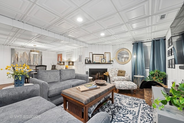 436 Shoreline Rd, Lake Barrington, IL 60010 - living room with an ornate ceiling, wood finished floors, and a fireplace