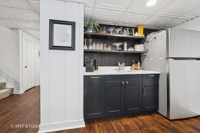 436 Shoreline Rd, Lake Barrington, IL 60010 - indoor wet bar with freestanding refrigerator, an ornate ceiling, dark wood-style flooring, and stairway