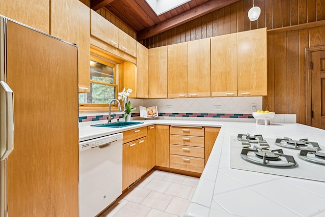 205 Sherwood Rd, Elgin, IL 60120 - kitchen with dishwasher, decorative backsplash, a skylight, tile counters, and light brown cabinetry