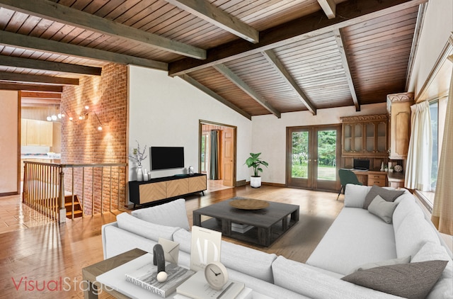 205 Sherwood Rd, Elgin, IL 60120 - living room featuring wood finished floors, wood ceiling, french doors, and a chandelier