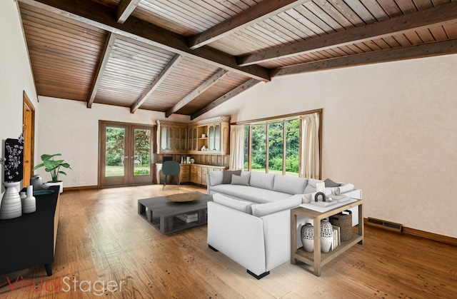 205 Sherwood Rd, Elgin, IL 60120 - living room featuring light wood-type flooring, french doors, and wooden ceiling