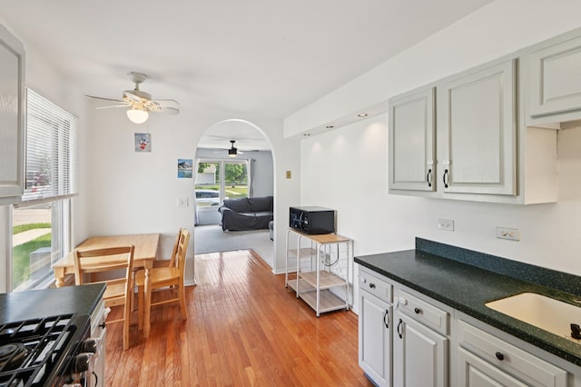 226 Nantucket Hbr Unit 226, Schaumburg, IL 60193 - kitchen with a ceiling fan, dark countertops, light wood finished floors, and stainless steel gas stove