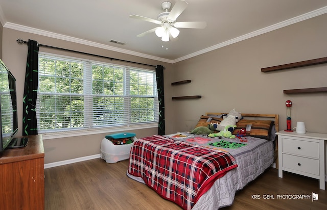 1115 E Fox Chase Dr, Round Lake Beach, IL 60073 - bedroom featuring wood finished floors, ornamental molding, and a ceiling fan