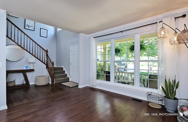 1115 E Fox Chase Dr, Round Lake Beach, IL 60073 - entryway featuring stairs, dark wood-style flooring, and crown molding