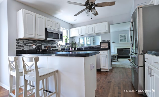 1115 E Fox Chase Dr, Round Lake Beach, IL 60073 - kitchen with stainless steel appliances, a peninsula, dark countertops, dark wood-style floors, and ceiling fan
