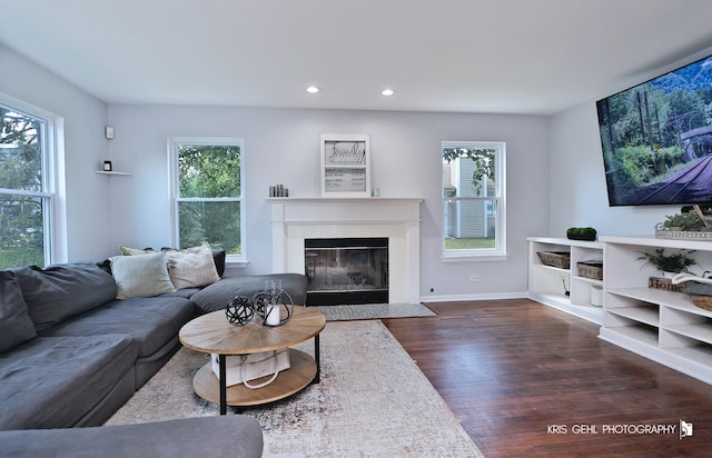 1115 E Fox Chase Dr, Round Lake Beach, IL 60073 - living room with dark wood finished floors, a tile fireplace, recessed lighting, and healthy amount of natural light