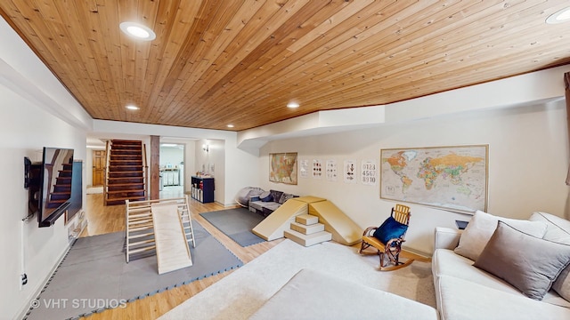 11649 S Walnut Ridge Dr, Palos Park, IL 60464 - living room with recessed lighting, wood finished floors, stairs, and wooden ceiling