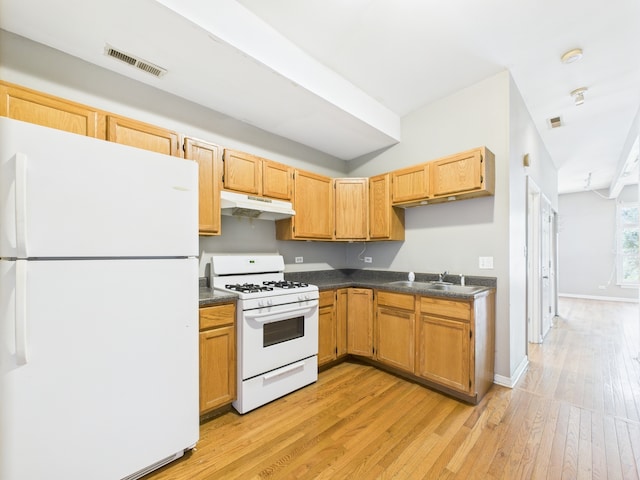 2933 W Wilcox St, Chicago, IL 60612 - kitchen featuring white appliances, under cabinet range hood, dark countertops, and light wood-type flooring
