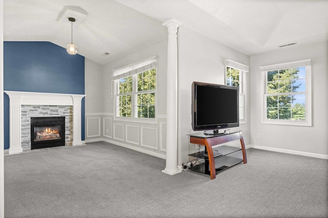 2913 Fox Creek Rd, Bloomington, IL 61705 - living room with healthy amount of natural light, carpet flooring, lofted ceiling, a fireplace, and wainscoting
