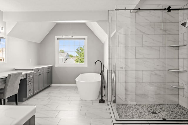 2913 Fox Creek Rd, Bloomington, IL 61705 - bathroom featuring marble look tile flooring, a freestanding bath, a shower stall, vanity, and vaulted ceiling