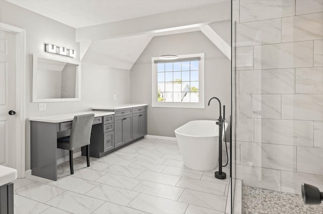 2913 Fox Creek Rd, Bloomington, IL 61705 - full bathroom featuring vanity, marble look tiles, a freestanding bath, tiled shower, and lofted ceiling