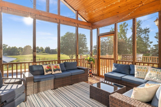 2913 Fox Creek Rd, Bloomington, IL 61705 - sunroom featuring an outdoor hangout area, lofted ceiling, and golf course view