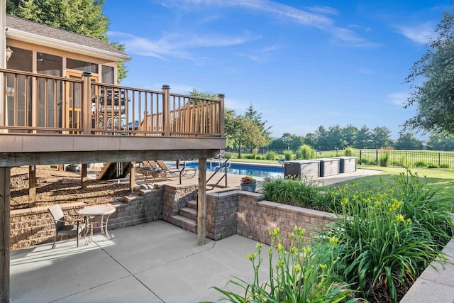 2913 Fox Creek Rd, Bloomington, IL 61705 - view of patio / terrace with a deck, an outdoor pool, a sunroom, and stairs
